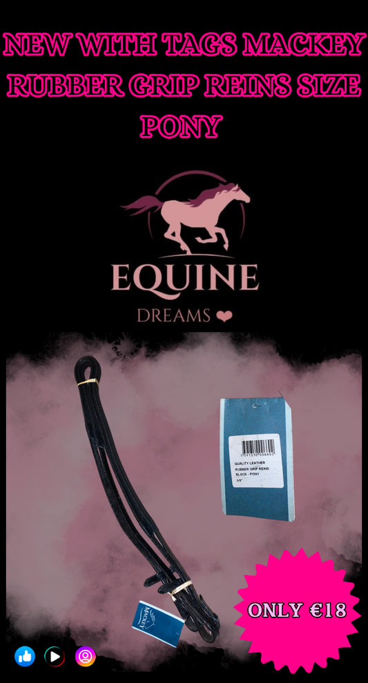 ✨ Brand New Mackey Black Leather Rubber Grip Reins – Size Pony ✨