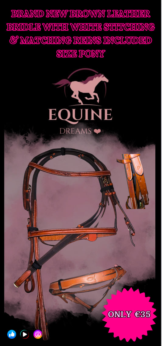 ✨ Brand New Brown Leather Bridle with White Stitching – Size Pony (Reins Included) ✨