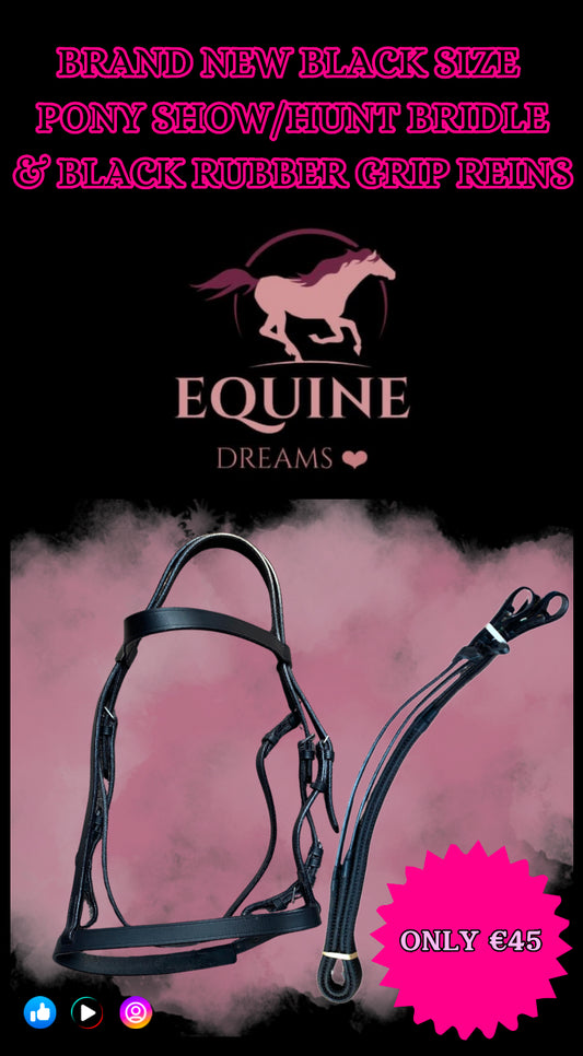 ✨ Brand New Black Show/Hunt Bridle + Mackey Rubber Grip Reins – Size Pony ✨