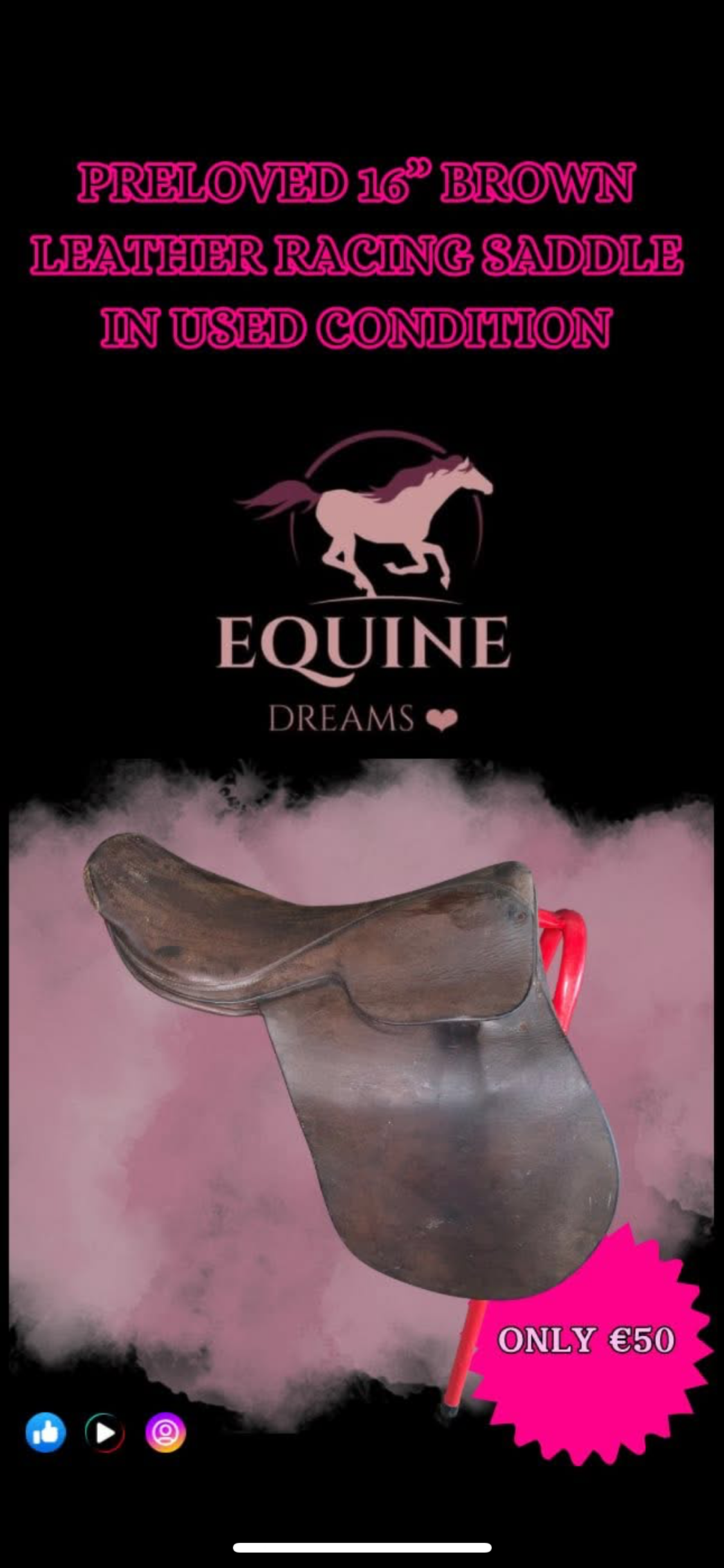 🤎🐎 Preloved Brown Leather Racing Saddle – 16” 🐎🤎