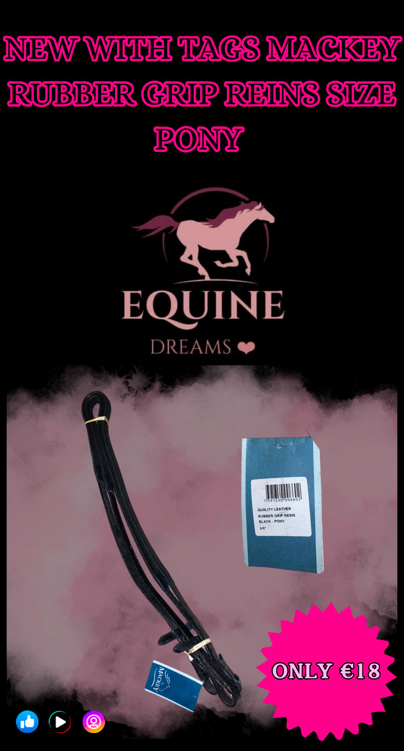✨ Brand New Mackey Black Leather Rubber Grip Reins – Size Pony ✨