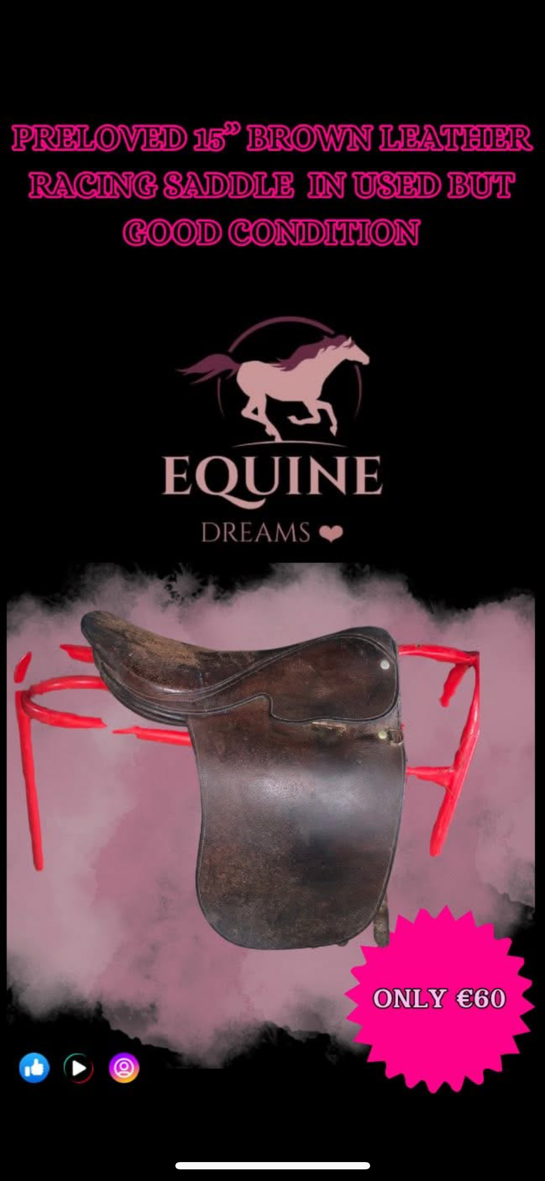 🤎🐎 Preloved Brown Leather Racing Saddle – 15” 🐎🤎