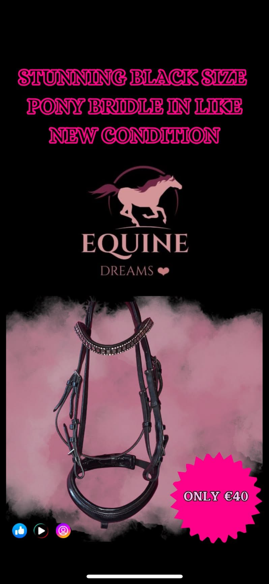 Preloved Black Leather Bridle with Diamante Browband – Size Pony ✨