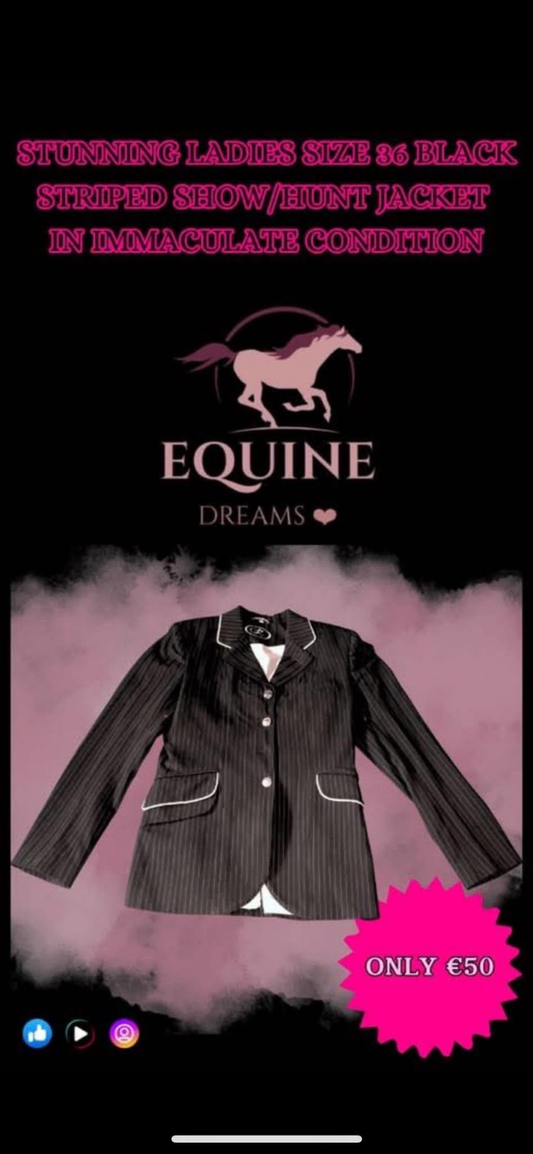 🖤✨ Ladies Black Striped Show/Hunt Jacket with White Trim – Size 36 ✨🖤