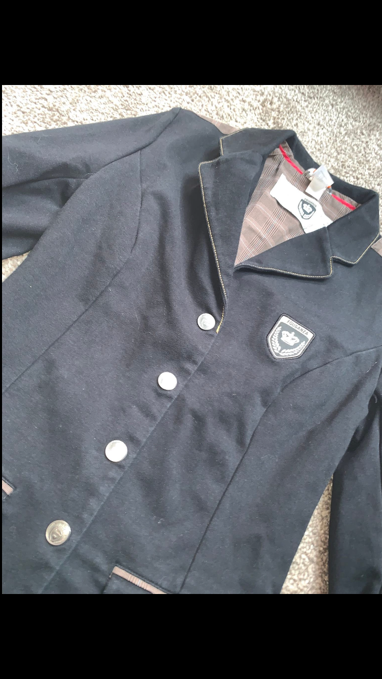 🧥 Preloved Black Show Jacket with Brown Check Elbow & Shoulder Patches – Size XXS (UK4/6) 🧥
