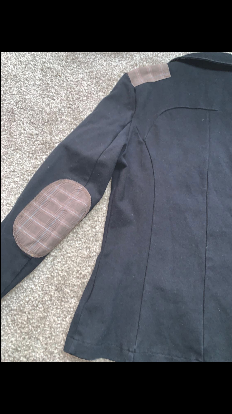 🧥 Preloved Black Show Jacket with Brown Check Elbow & Shoulder Patches – Size XXS (UK4/6) 🧥