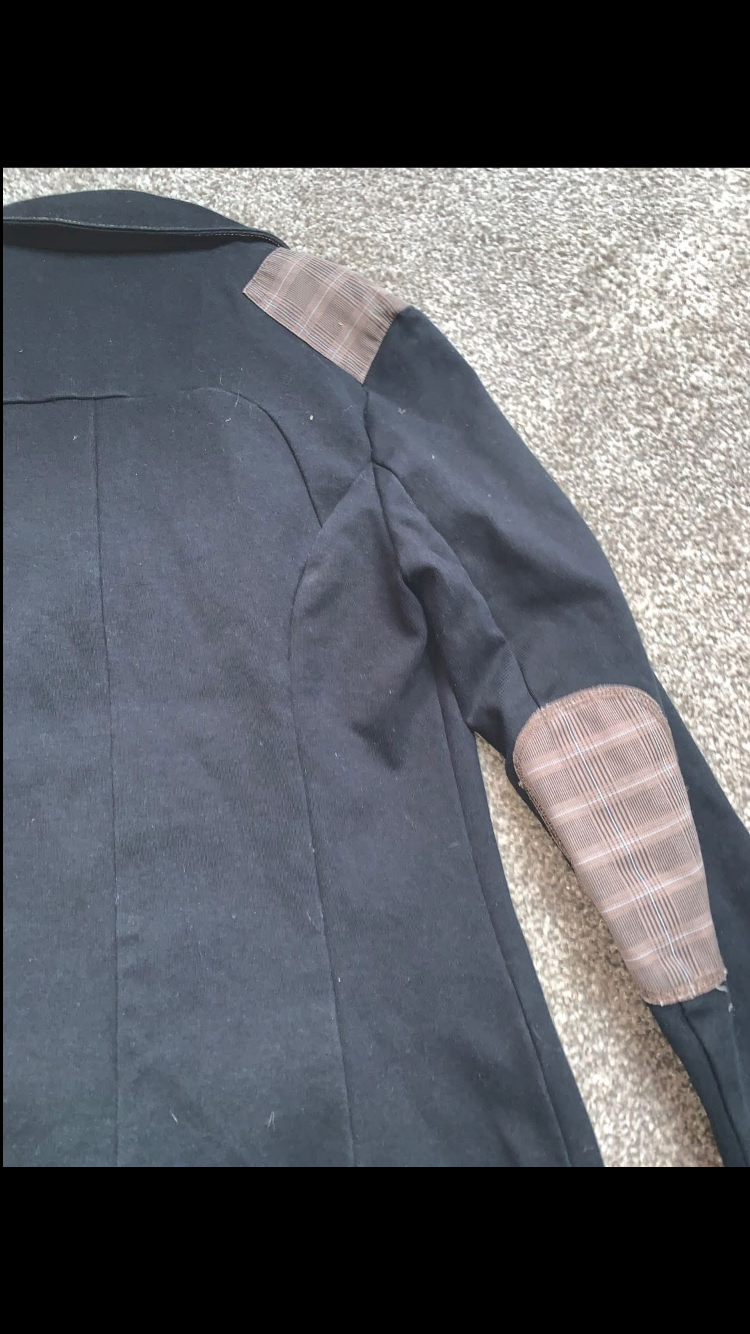 🧥 Preloved Black Show Jacket with Brown Check Elbow & Shoulder Patches – Size XXS (UK4/6) 🧥